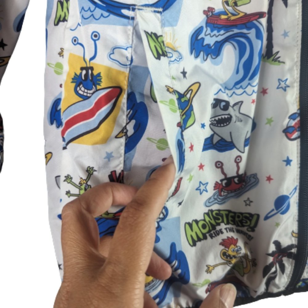 365 Kids Monster Shark Surfing Reversible Hooded Red Light Rain/Wind Jacket - Picture 8 of 12